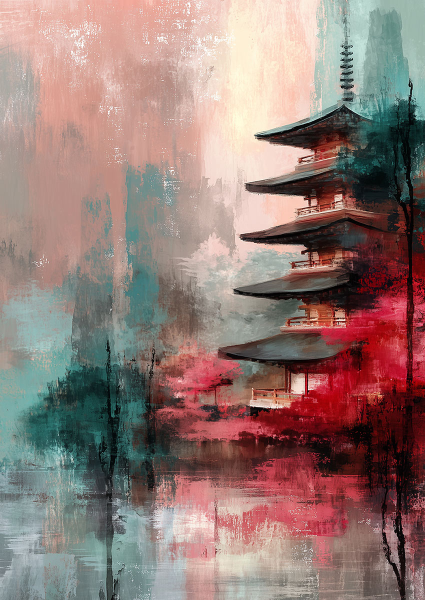 Serene artwork featuring a Zen pagoda surrounded by abstract natural elements in warm tones.